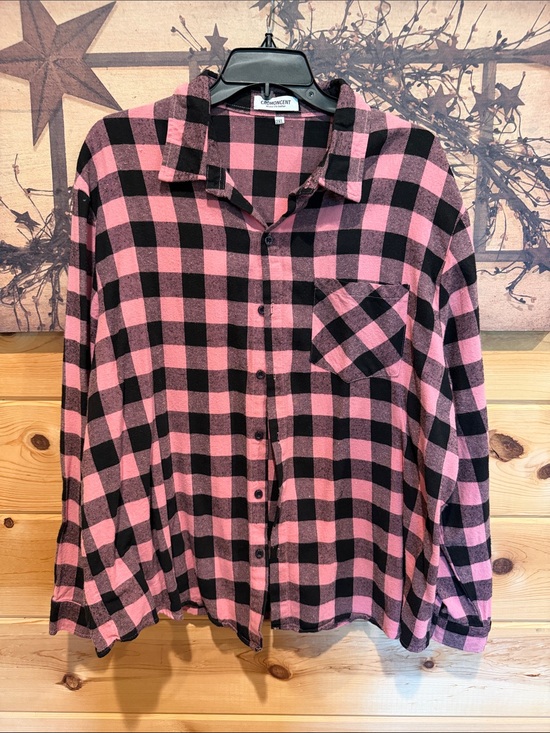 Cromoncent Tops - Pink and Black Buffalo Plaid Button-Up Shirt
